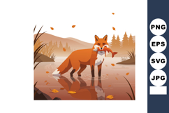 Fox catching fish in autumn forest landscape with falling le Product Image 1
