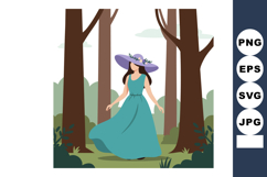 Woman in blue dress with purple hat walking in forest nature Product Image 1