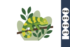 Green and yellow chameleon climbing branch surrounded by gre Product Image 1