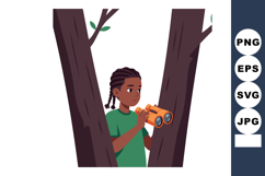 Boy observing nature with orange binoculars between tree tru Product Image 1