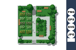 Top view garden park with flower beds benches and trees aeri Product Image 1