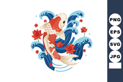 Koi Fish Swimming Among Red Lotus Flowers with Blue Water Wa Product Image 1