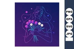 Woman holding bouquet of purple tulips and white daisies wit Product Image 1