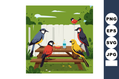 Colorful birds gathering on wooden picnic table in green gar Product Image 1