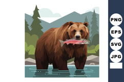 Brown bear catching salmon in river with forest and mountain Product Image 1