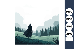 Silhouette of cloaked figure standing on grassy hill with ev Product Image 1