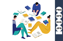People sitting reading books in circle with blue yellow gree Product Image 1