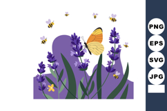 Butterfly and bees on purple lavender flowers with green lea Product Image 1
