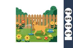 Golden retriever dog playing with garden sprinkler in backya Product Image 1