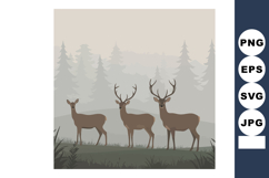 Deer family in misty forest landscape with pine trees and gr Product Image 1