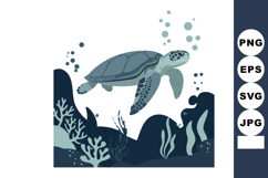 Sea turtle swimming underwater among coral and seaweed marin Product Image 1