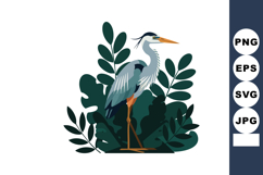Heron standing among dark green tropical leaves vector illus Product Image 1