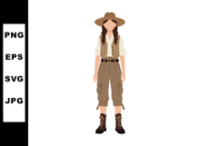 Female explorer in khaki clothes with hat and boots standing Product Image 1