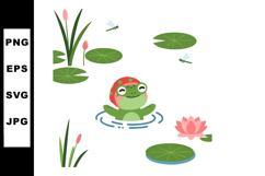 Frog swimming among green lily pads and pink lotus flowers w Product Image 1