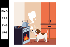 Curious dog watching boiling kettle on stove with orange kit Product Image 1