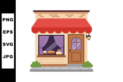 Bakery storefront with red awning and pastries in window vec Product Image 1
