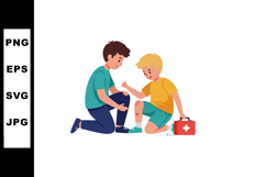 Children Helping Injured Boy With First Aid Kit in Casual Cl Product Image 1