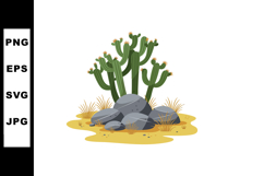 Desert cactus plants with large rocks in dry sandy landscape Product Image 1