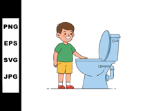 Boy Standing Next to Open Toilet Wearing Green Shirt and Yel Product Image 1