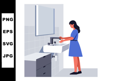Woman washing hands in bathroom sink with mirror and cabinet Product Image 1