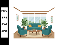 Modern living room interior design with teal sofa and armcha Product Image 1