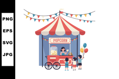 Popcorn Stand with Children and Colorful Flags at Outdoor Fe Product Image 1