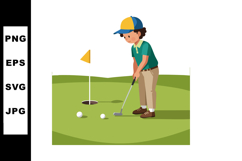 Boy playing golf putting on green with flag and golf balls v Product Image 1