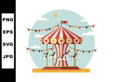 Carousel amusement park ride with horses and colorful flags Product Image 1