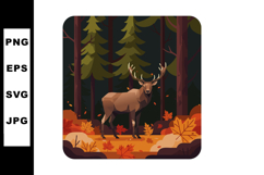 Deer in Autumn Forest with Fallen Leaves and Pine Trees Vect Product Image 1