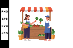 Farmers Market Stall with Fresh Vegetables and Two People Sh Product Image 1