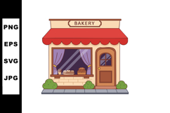 Bakery storefront with red awning and baked goods display ve Product Image 1