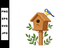 Blue tit bird perched on wooden birdhouse with green leaves Product Image 1