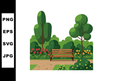 Garden bench surrounded by green trees and colorful flowers Product Image 1