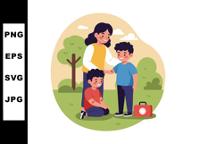 Woman teaching first aid to two boys outdoors in park with m Product Image 1