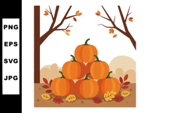 Pumpkin pile with autumn leaves and bare trees seasonal fall Product Image 1