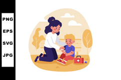 Woman Caring for Boy with First Aid Kit in Park Scene Vector Product Image 1