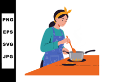 Woman Cooking on Stove Wearing Blue Apron and Yellow Headban Product Image 1