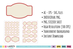Preview of blank label shapes clipart with multiple file formats listed, showing sticker sheet layout and high-resolution digital files for crafting.