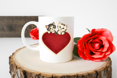 Vintage Valentine illustration of two kittens peeking over a textured red heart with a cream lace doily border. Soft distressed details and classic retro style.