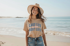 Boating and cottage inspired quote design with bold navy lettering and a soft pink script overlay, styled for summer apparel and lake vacation projects.