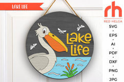 lake life svg, pelican silhouette, cottage hanger svg, lake house sign, welcome sign svg, wood camping sign, cabin door sign svg, round hanging sign svg, laser cut file, layered sign svg, vacation sign svg, glowforge cut file, cricut cut file