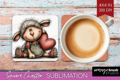 Lamb Valentine Square Coaster Whimsical Animal Coaster PNG Product Image 1