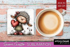 Lamb Valentine Square Coaster Whimsical Animal Coaster PNG Product Image 1