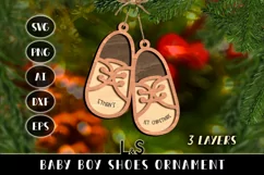 Laser cut baby Christmas ornament svg template with layered baby boy shoes and customizable text