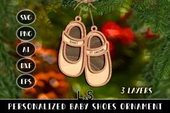 Laser cut Baby Christmas ornament svg template with layered baby girl shoes and customizable text