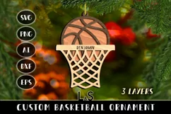 Laser cut Christmas ornament svg template with layered basketball and customizable text