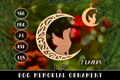 Laser cut dog memorial Christmas ornament svg template with layered angel dog on moon design