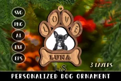 Laser cut Christmas ornament svg template with layered dog paw and bone design and possibility to add photo and name