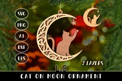 Laser cut Christmas ornament svg template with layered cat on moon design