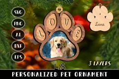 Laser cut Christmas ornament svg template with layered dog paw and possibility to add pet photo